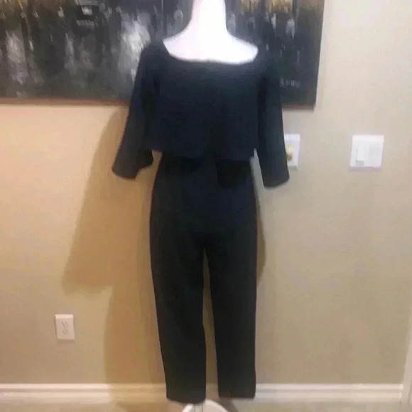 ASOS Navy Split Bell Sleeves Faux Top On/Off Shoulder Zipper Back Jumpsuit-Sz 4 - Picture 6 of 16
